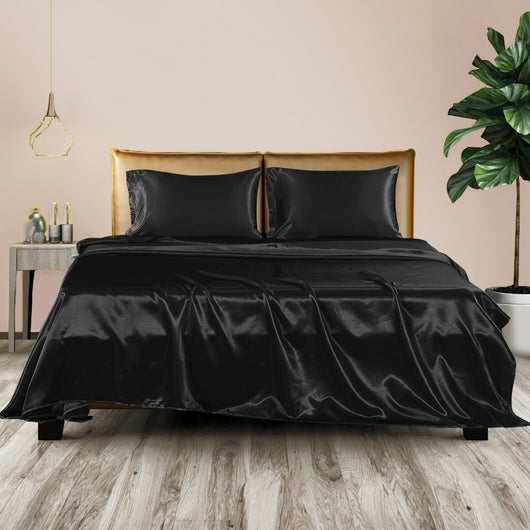 DreamZ Silky Satin Sheets Fitted Flat Bed Sheet Pillowcases Summer Single Black