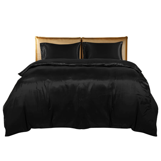 DreamZ Silky Satin Quilt Cover Set Bedspread Pillowcases Summer Double Black