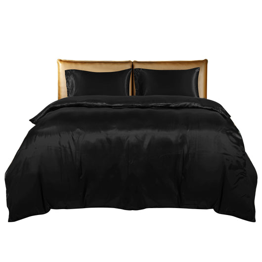 DreamZ Silky Satin Quilt Cover Set Bedspread Pillowcases Summer Single Black