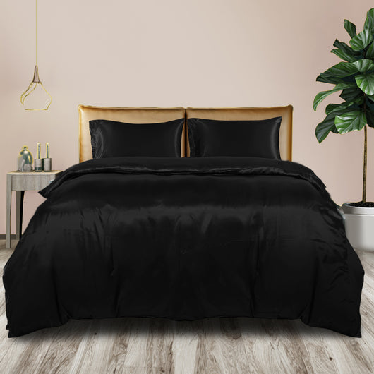 DreamZ Silky Satin Quilt Cover Set Bedspread Pillowcases Summer Single Black