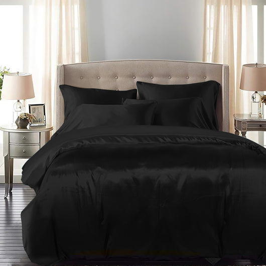 DreamZ Silky Satin Quilt Cover Set Bedspread Pillowcases Summer Single Black